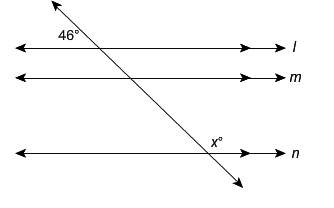 Lines l, m, and n are parallel. what is the value of x? ° parallel lines labeled, top to bottom, l,