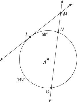 Circle a is intersected by lines lm and mo. what is the measure of angle lmo?