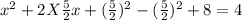 x^{2} + 2 X \frac{5}{2} x + (\frac{5}{2} )^{2} -  (\frac{5}{2} )^{2}+ 8 = 4