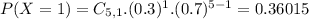 P(X = 1) = C_{5,1}.(0.3)^{1}.(0.7)^{5-1} = 0.36015