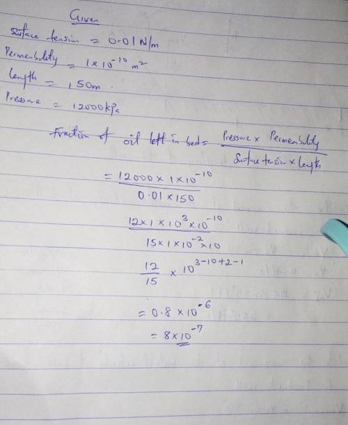 Oil with a surface tension of 0.01 N/m is trapped in a bed of material with permeability of 1x10^-10