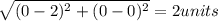 \sqrt{(0-2)^2+(0-0)^2}=2 units