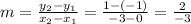 m = \frac{y_{2} - y_{1} }{x_{2}-x_{1}  } = \frac{1-(-1)}{-3-0} = \frac{2}{-3}