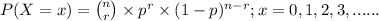 P(X =x) = \binom{n}{r}\times p^{r}\times (1-p)^{n-r}  ; x = 0,1,2,3,......
