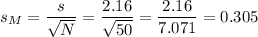 s_M=\dfrac{s}{\sqrt{N}}=\dfrac{2.16}{\sqrt{50}}=\dfrac{2.16}{7.071}=0.305