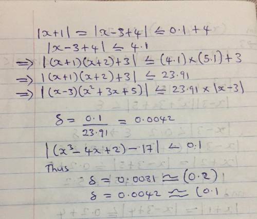 A graphing calculator is recommended. For the limit lim x → 3 (x3 − 4x + 3) = 18 illustrate the defi