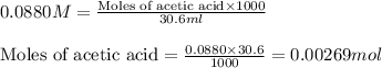 0.0880M=\frac{\text{Moles of acetic acid}\times 1000}{30.6ml}\\\\\text{Moles of acetic acid}=\frac{0.0880\times 30.6}{1000}=0.00269mol