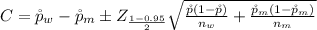 C= \r p_w - \r p_m  \pm Z_{\frac{1-0.95}{2} } \sqrt{ \frac{\r p (1- \r p)}{n_w} + \frac{\r p_m (1- \r p_m)}{n_m}  }