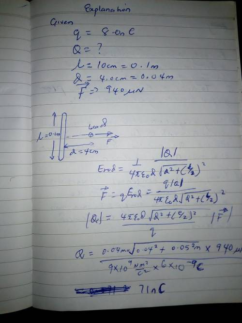 A small glass bead charged to 8.0 nC is in the plane that bisects a thin, uniformly charged, 10-cm l