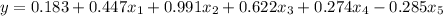 y=0.183+0.447x_{1}+0.991x_{2}+0.622x_{3}+0.274x_{4}-0.285x_{5}
