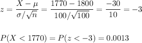 z=\dfrac{X-\mu}{\sigma/\sqrt{n}}=\dfrac{1770-1800}{100/\sqrt{100}}=\dfrac{-30}{10}=-3\\\\\\P(X