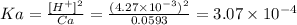 Ka = \frac{[H^{+}]^{2} }{Ca} = \frac{(4.27 \times 10^{-3} )^{2} }{0.0593} = 3.07 \times 10^{-4}