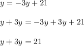 y = -3y+21\\\\y+3y = -3y+3y+21\\\\y+3y=21