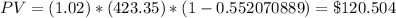 PV = (1.02)*(423.35}) *({1 - 0.552070889}) = \$ 120.504