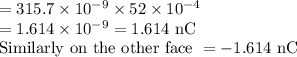 =315.7\times10^{-9}\times52\times10^{-4}\\=1.614\times10^{-9}= 1.614 \text{ nC}\\\text{Similarly on the other face }  = -1.614 \text{ nC}