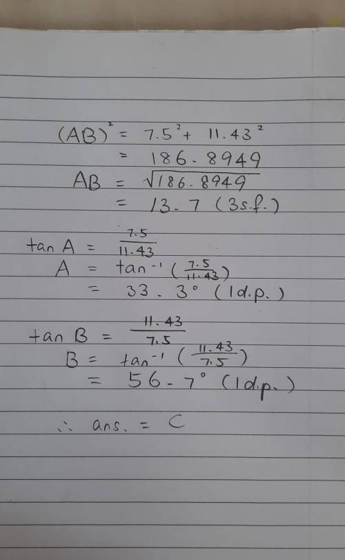 HELP PLS. solve the triangle shown in the figure. LC=90 degrees, BC=7.50mi, AC=11.43mi