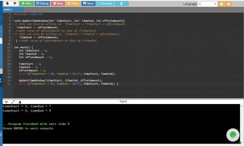 Define a function UpdateTimeWindow() with parameters timeStart, timeEnd, and offsetAmount. Each para