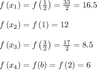 f\left(x_{1}\right)=f\left(\frac{1}{2}\right)=\frac{33}{2}=16.5\\\\f\left(x_{2}\right)=f\left(1\right)=12\\\\f\left(x_{3}\right)=f\left(\frac{3}{2}\right)=\frac{17}{2}=8.5\\\\f\left(x_{4}\right)=f(b)=f\left(2\right)=6