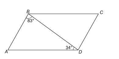 In parallelogram ABCD, m∠ABD = 83°, m∠BDA = 34°, and m∠BCD = °.