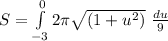 S  = \int\limits^0_{-3} {2\pi  \sqrt{(1 + u^2)}\ \frac{du}9}