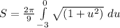 S  = \frac{2\pi}{9} \int\limits^0_{-3} {\sqrt{(1 + u^2)}\ du}