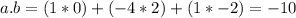 a.b = (1*0) + (-4*2) +(1*-2)= -10