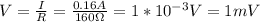 V=\frac{I}{R}=\frac{0.16A}{160\Omega}=1*10^{-3}V=1mV