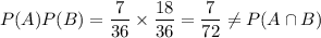 P(A)P(B)=\dfrac{7}{36}\times  \dfrac{18}{36}=\dfrac{7}{72}\neq P(A\cap B)