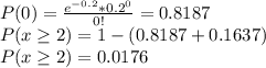 P(0)=\frac{e^{-0.2}*0.2^0}{0!}=0.8187\\P(x\geq 2) = 1 - (0.8187 + 0.1637)\\P(x\geq 2) = 0.0176