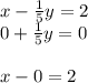 x-\frac{1}{5} y=2\\0+\frac{1}{5}  y=0\\ \\x-0=2