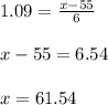 1.09=\frac{x-55}{6} \\\\x-55=6.54\\\\x=61.54