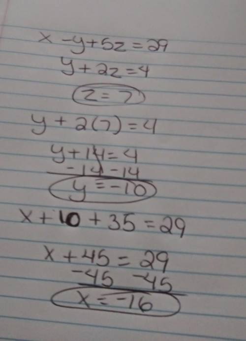 Use back-substitution to solve the system of linear equations.