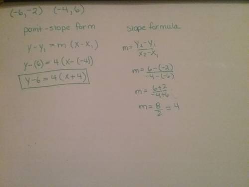 The points ( - 6, - 2) and ( - 4,6) fall on a particular line. what is its equation in point-slope f