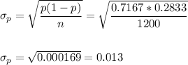 \sigma_p=\sqrt{\dfrac{p(1-p)}{n}}=\sqrt{\dfrac{0.7167*0.2833}{1200}}\\\\\\ \sigma_p=\sqrt{0.000169}=0.013