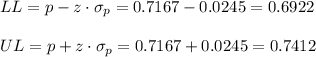 LL=p-z \cdot \sigma_p = 0.7167-0.0245=0.6922\\\\UL=p+z \cdot \sigma_p = 0.7167+0.0245=0.7412