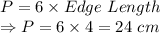 P = 6 \times Edge\ Length\\\Rightarrow P = 6\times 4=24\ cm