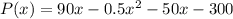 P(x) = 90x - 0.5x^2 - 50x - 300