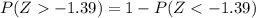 \\ P(Z-1.39) = 1 - P(Z