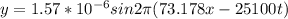 y= 1.57 *10^{-6} sin 2 \pi ( 73.178 x -25100t)