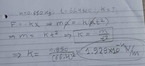 A 0.850 kg mass is placed on a

spring, pulled and released. It
oscillates 40 times in 66.4 s.
What