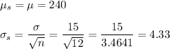 \mu_s=\mu=240\\\\ \sigma_s=\dfrac{\sigma}{\sqrt{n}}=\dfrac{15}{\sqrt{12}}=\dfrac{15}{3.4641}=4.33