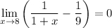 \displaystyle \lim_{x\to \-8}\left(\frac{1}{1+x}- \frac{1}{9}\right) = 0