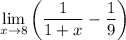 \displaystyle \lim_{x\to \-8}\left(\frac{1}{1+x}- \frac{1}{9}\right)