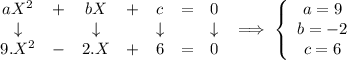 \left\begin{array}{ccccccc}aX^2&+&bX&+&c&=&0\\ \downarrow&&\downarrow&&\downarrow&&\downarrow\\9.X^2&-&2.X &+& 6 &=& 0\end{array}\right  \implies \left\{\begin{array}{ccccccc}a=9\\b=-2\\c=6\end{array}\right