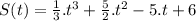 S(t)=\frac{1}{3}.t^3+\frac{5}{2}.t^2-5.t+6