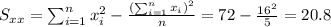 S_{xx}=\sum_{i=1}^n x^2_i -\frac{(\sum_{i=1}^n x_i)^2}{n}=72-\frac{16^2}{5}=20.8