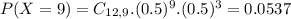 P(X = 9) = C_{12,9}.(0.5)^{9}.(0.5)^{3} = 0.0537