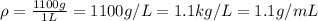 \rho = \frac{1100g}{1L}=1100g/L =1.1 kg/L=1.1g/mL