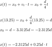 x(t)=x_0+v_t\cdot t=x_0+\dfrac{d}{4}t\\\\\\x(13.25)=x_0+\dfrac{d}{4}(13.25)=d\\\\x_0=d-3.3125d=-2.3125d\\\\\\x(t)=-2.3125d+0.25d\cdot t