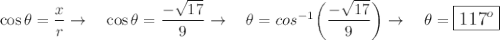 \cos \theta=\dfrac{x}{r} \rightarrow \quad \cos \theta =\dfrac{-\sqrt{17}}{9} \rightarrow \quad \theta = cos^{-1}\bigg(\dfrac{-\sqrt{17}}{9}\bigg)\rightarrow \quad \theta = \large\boxed{117^o}